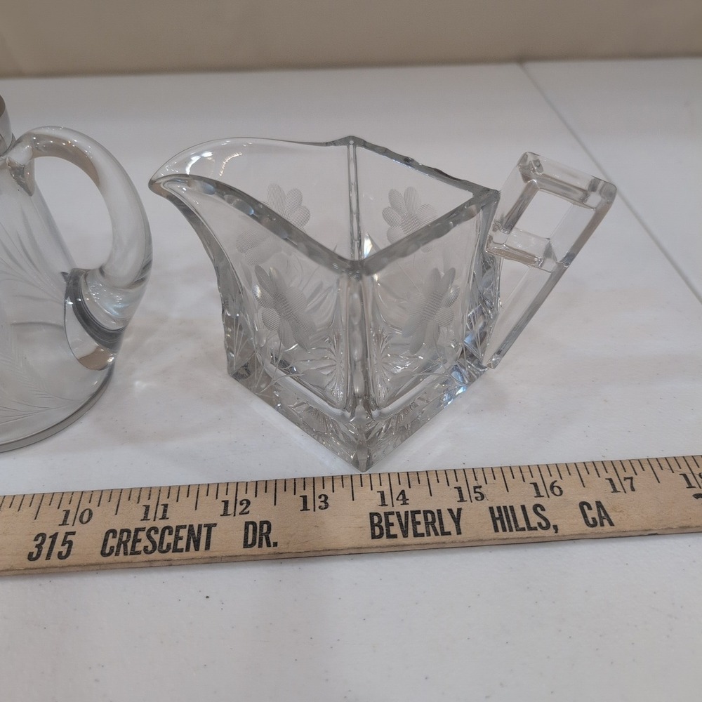 VTG Heisey Etched Daisy Crystal Creamer Sugar Quator #355 Set + Matching Pitcher - Picture 11 of 11